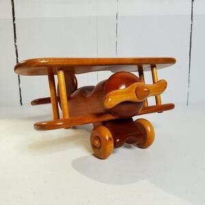 Handcrafted WWl Wooden Propeller Biplane Model Sculpture Vintage